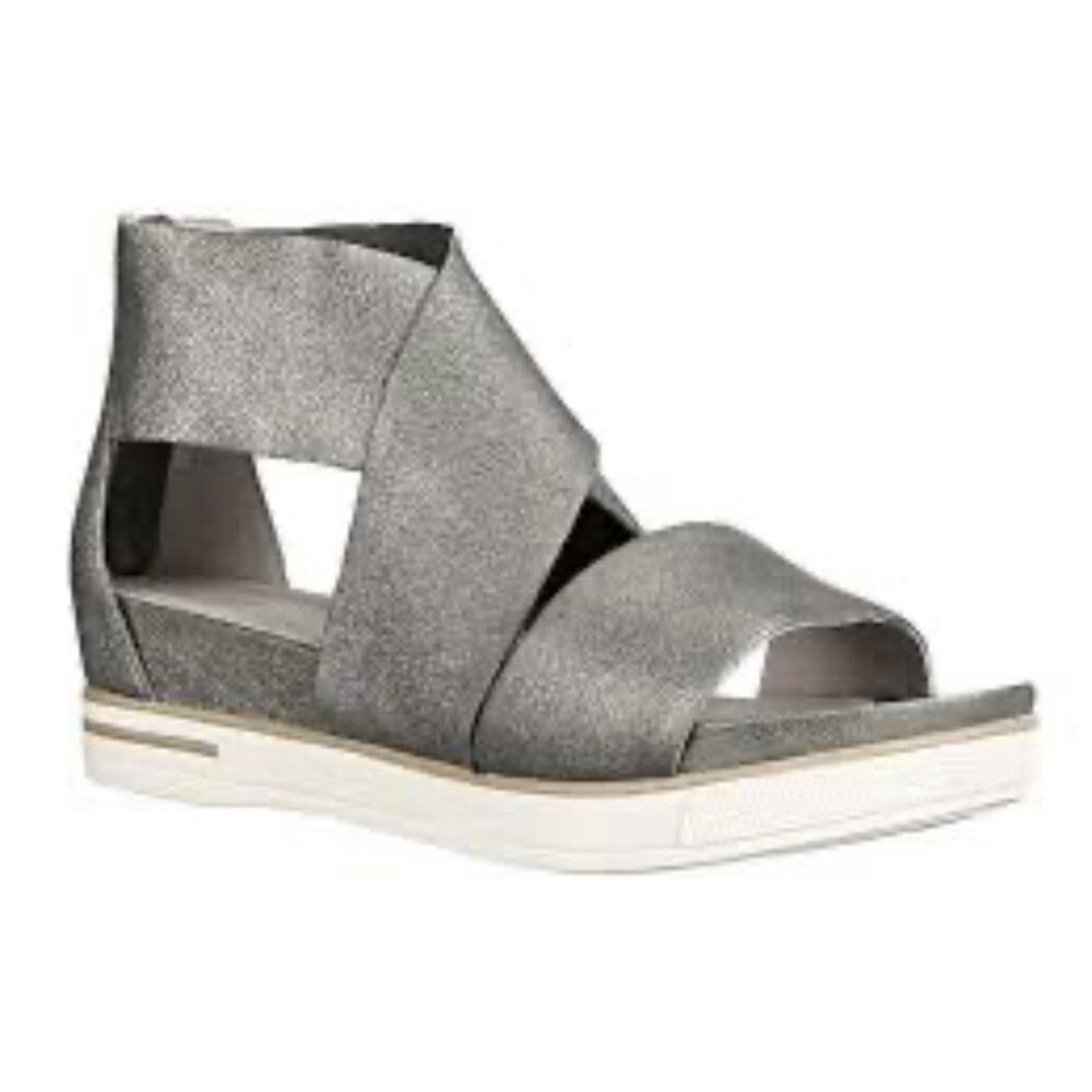 Eileen Fisher Metallic Pewter Leather Platform Sandals Women’s Size 6